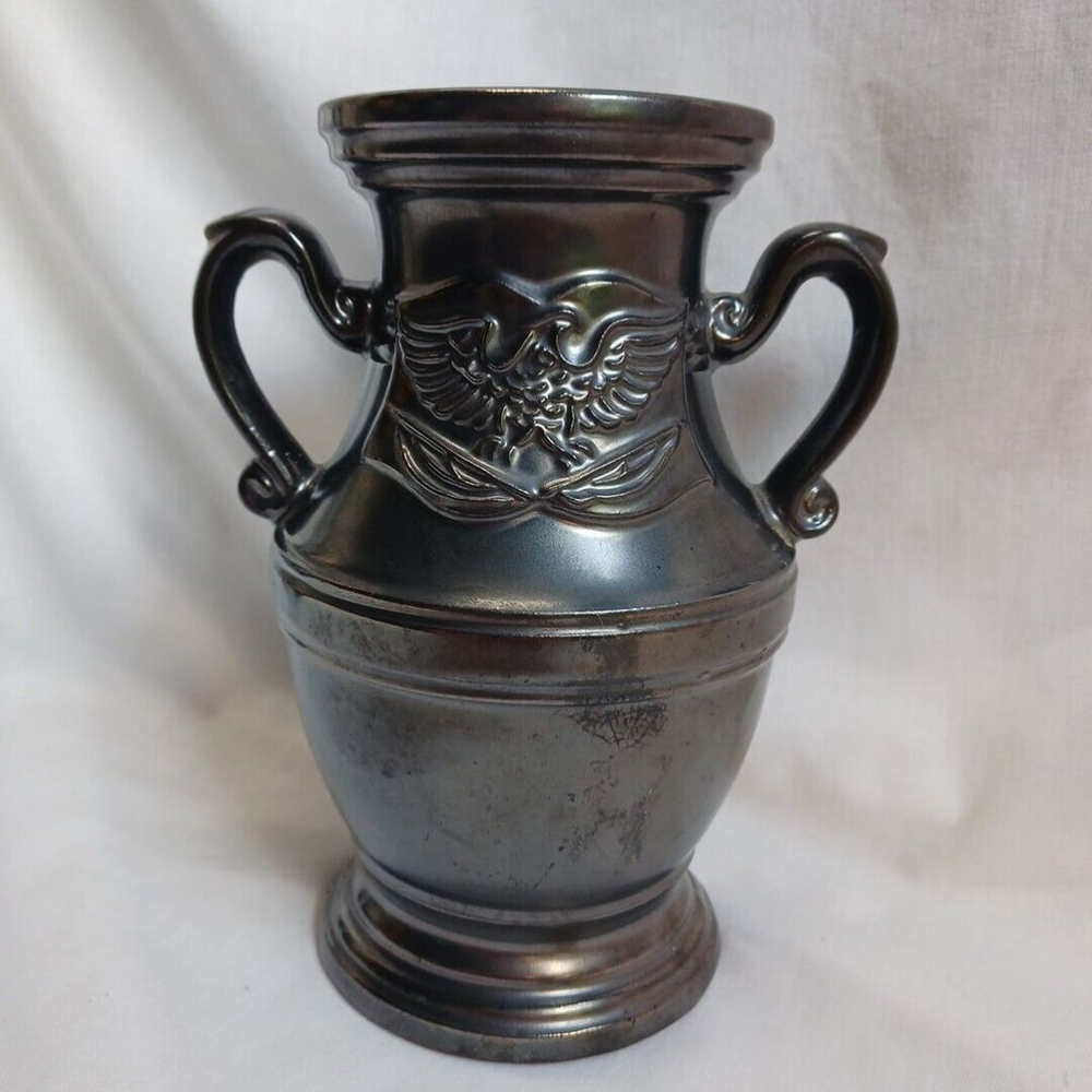 Enesco Japan Black Vase Urn Eagle Ship 6"